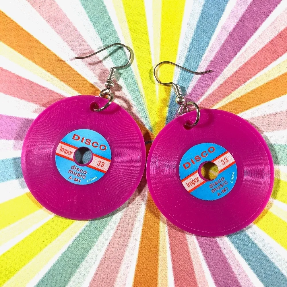 Vintage disco record charm earrings magenta